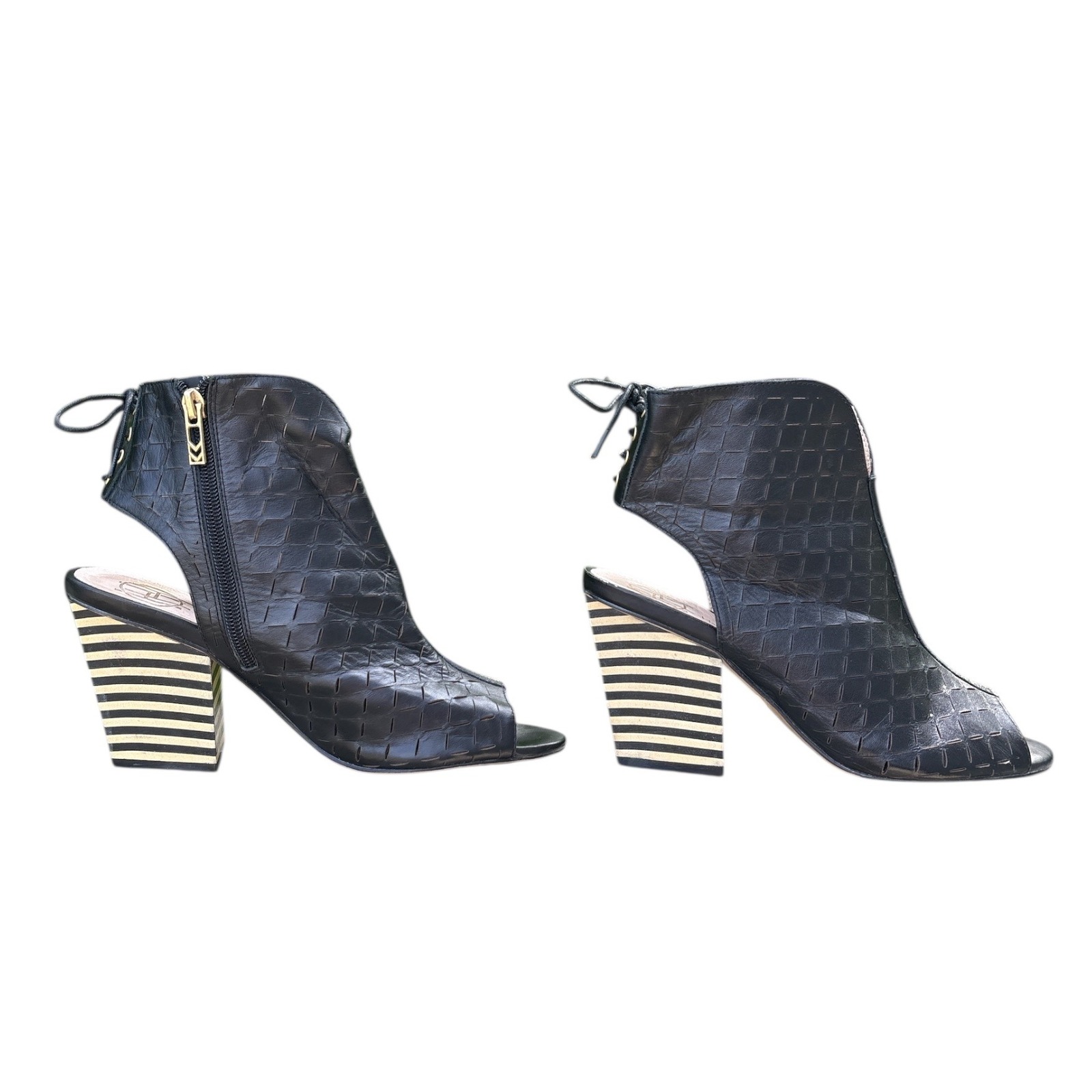 House Of Harlow 1960 Open Toe Rilie Booties Striped Heel Lace Up Back Sz Eu 38.5